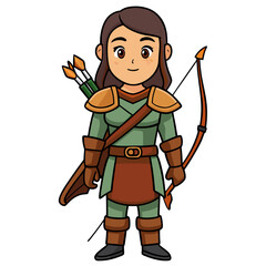 Cartoon archer character design vector illustration of a female warrior with bow and arrow isolated on white