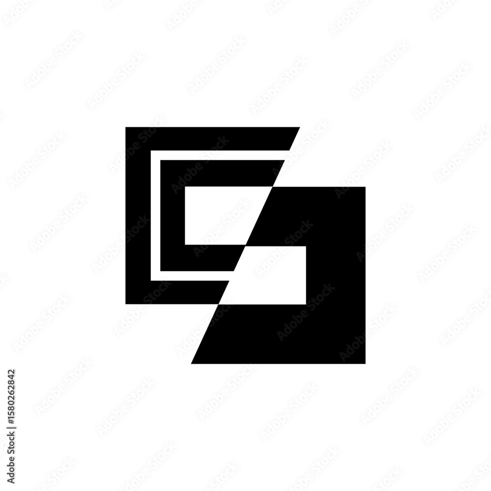 Poster a minimalist black and white logo with two interlocked or fragmented square shapes, forming an abstr