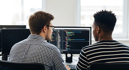 Two programmers collaborating on code displayed on computer screen