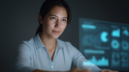 A focused woman in a light blue shirt looks at a glowing blue screen displaying data and various charts.