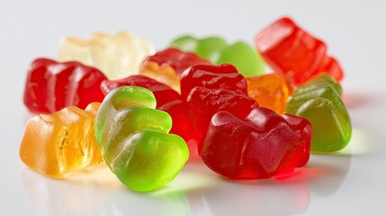 A glossy heap of gummy bears in various colors reflecting light on a shiny surface