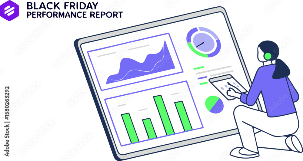 Poster black friday performance report analysis with charts and graphs on a tablet screen a person is inter