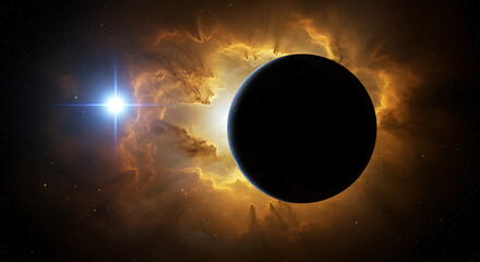 Obraz premium Cosmic celestial scene featuring a planet surrounded by fiery nebula and a bright star