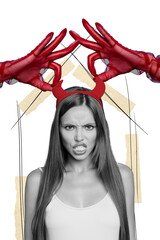 Exclusive 3d magazine picture sketch collage image of hands provoking angry lady isolated painting...