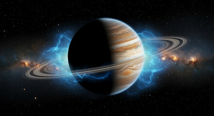 A stunning illustration of saturn with its rings in a cosmic background