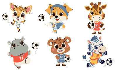 Set of vector illustrations in a simple children's style on soccer theme. Animals in soccer uniforms kicking a ball. Giraffe, puppy deer hippo hippo bear cub and zebra on white background. Vector