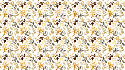 Watercolor pattern featuring brown buds, yellow stems, and gray leaves on a white background