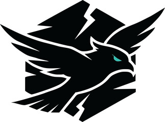 A stylized, black silhouette of a soaring bird, possibly an eagle or hawk, within a fractured hexagonal shape.