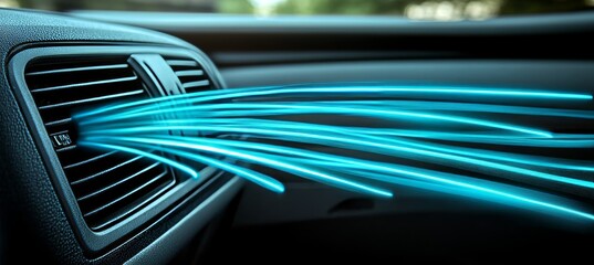 Dynamic Blue Air Flow Lines Emanating from Car Dashboard Air Vents in Modern Vehicle Interior