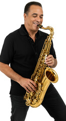 Naklejka premium Isolated Portrait Of Saxophone Player In Black Shirt On Transparent