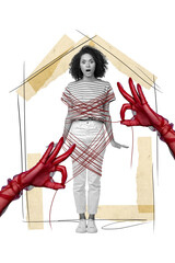 Collage 3d pinup pop retro sketch image of arms tying stressed lady isolated painting beige color background
