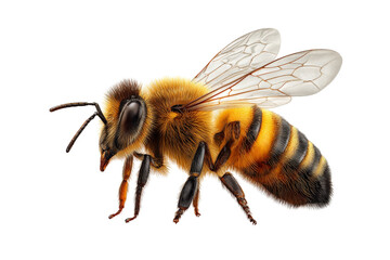 Realistic honey bee with detailed wings and fur, background, macro style insect illustration isolated on a Transparent background, PNG file.