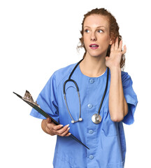 Nurse with report in studio trying to listening a gossip.