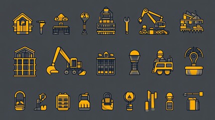 Set of construction industry icons featuring crane, workers, excavator, tools, and architectural elements