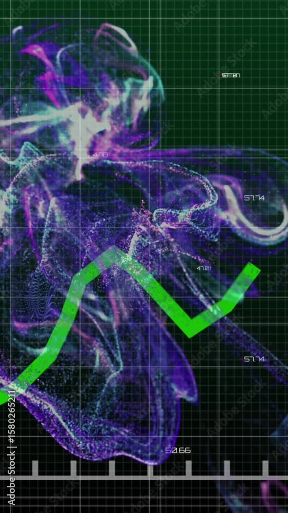 Poster animation of green line, financial data processing over grid