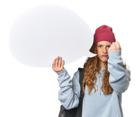 Redhead holding a comic speech bubble showing fist to camera, aggressive facial expression.