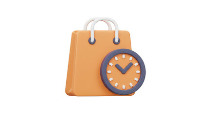 Orange Shopping Bag with Clock 3d Icon for Retail Time Sale