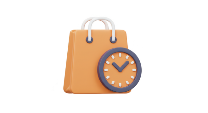 Orange Shopping Bag with Clock 3d Icon for Retail Time Sale