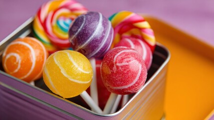 Assorted lollipops fill a small shiny metal tin against a colorful backdrop