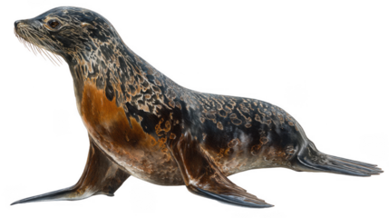 The sleek, young seal poses gracefully against a pristine white backdrop, showcasing its beautiful dark fur and expressive eyes in a captivating view.