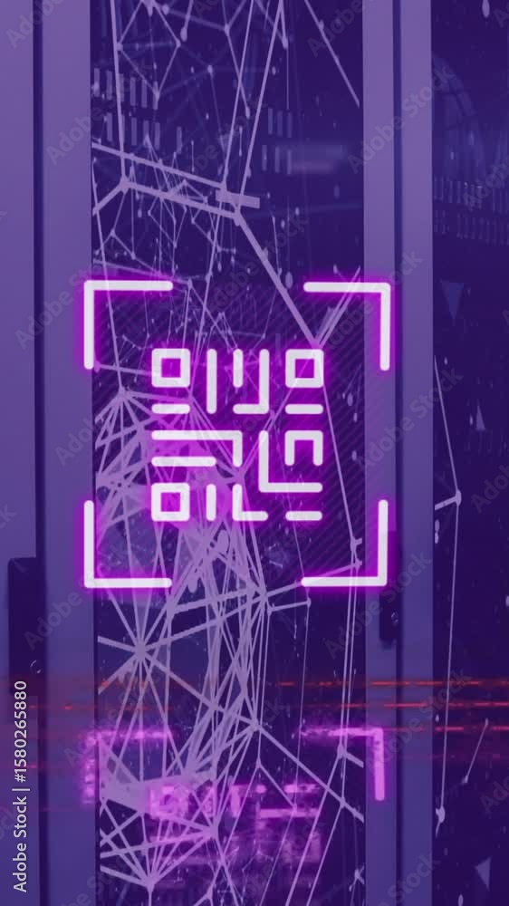 Poster animation of qr code scanning over computer servers