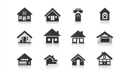 Set of House and Building Icons Representing Real Estate, Property Investment, and Architectural Design 
