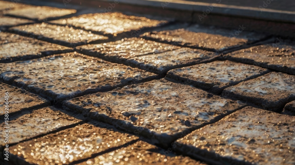 Poster wet cobblestones reflecting light in a close-up view, highlighting texture and patterns on the surfa