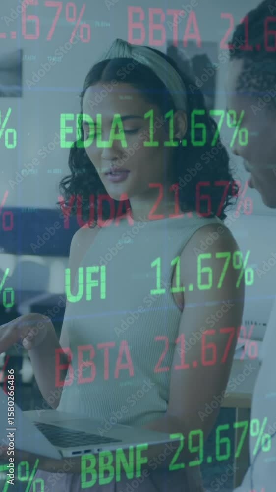 Poster red and green stock market data is shown rolling and processing over a grid