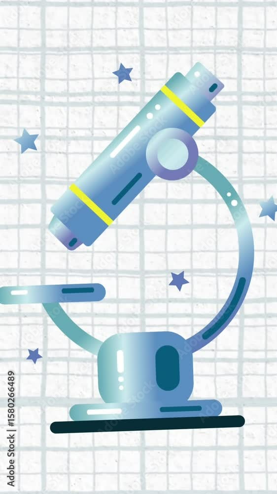 Poster animation of stars around microscope over grid pattern against white background