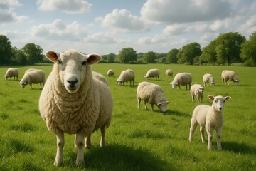 Fototapeta premium A serene pastoral scene unfolds as a flock of white sheep grazes peacefully under the vast blue sky, with a lone lamb curiously observing its surroundings