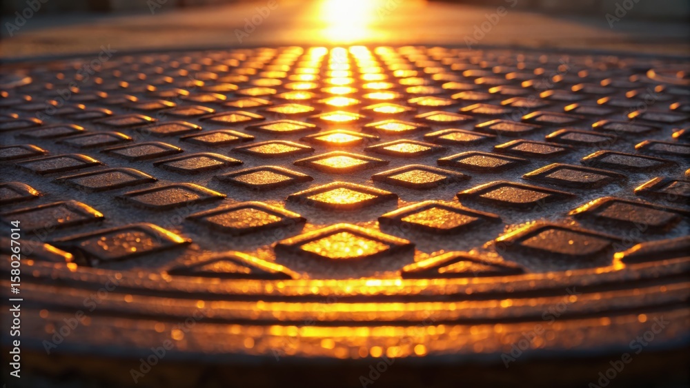 Poster a close-up view of a textured manhole cover reflecting golden sunlight, creating a warm and captivat
