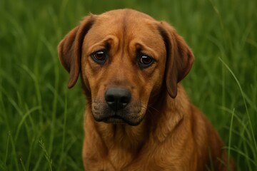 A brown Labrador Retriever sits in quiet reflection amidst a verdant field