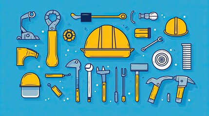 Set of Line Icons for Construction, Labor, Renovation, and Worker Tools, Perfect for Labor Day Designs
