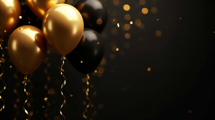 Gold balloons and confetti adorn a dark, bokeh-lit background.