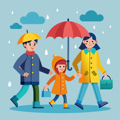 A group of people are walking in the rain, holding umbrellas. Scene is lighthearted and fun, as the people are enjoying the rain and each other's company
