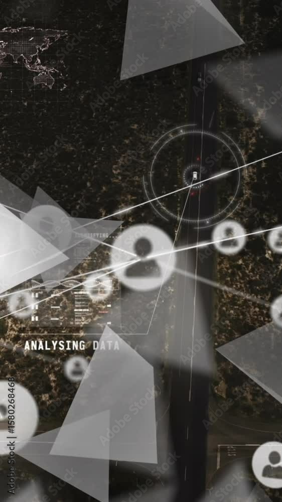 Poster animation of network of profile icons and triangular shapes against scope scanning over cityscape