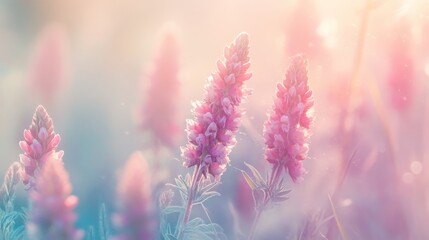 Obraz premium Soft Pastel Colored Field of Lupines Flowers Capturing Nature s Dreamlike Tranquility and Beauty