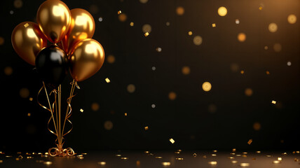 Gold balloons and confetti against a dark, glowing backdrop.