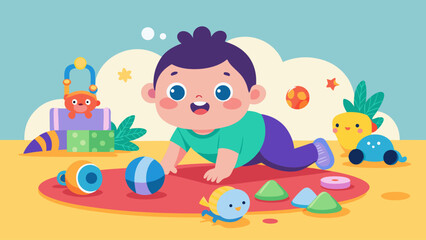 Obraz premium A cartoon baby is playing with toys on a red carpet. The baby is surrounded by a variety of toys, including a car, a ball, and a toy boat. Concept of playfulness and innocence