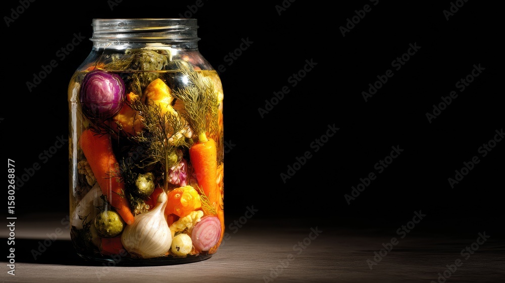 Aufkleber colorful jar of pickled vegetables casting shadows on a dark background with empty space on the left