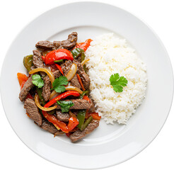 Beef Stir Fry with Rice on White Plate