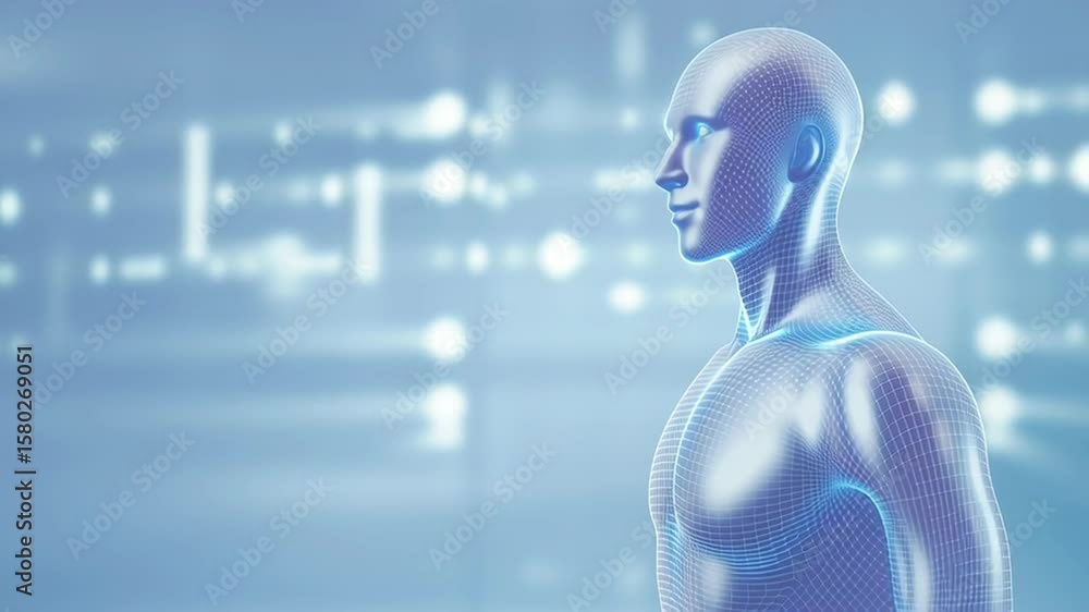 Aufkleber animation. futuristic humanoid figure composed of digital mesh, gazing upward against a soft blue ba