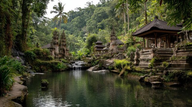 Forest temple complex with pagoda structures lush vegetation and dark lake reflections in a tranquil Asian setting