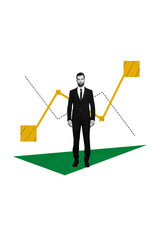 Vertical creative collage poster black white filter serious attractive young man miniature stand...