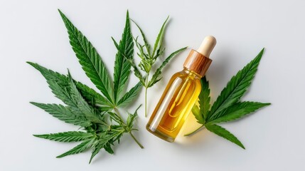 Golden oil in dropper bottle sits amid vivid cannabis leaves casting soft shadows on a white surface