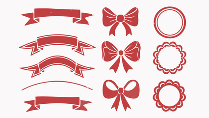 Illustration of red ribbons, bows, and circular frames on a white background in a simple vector style
