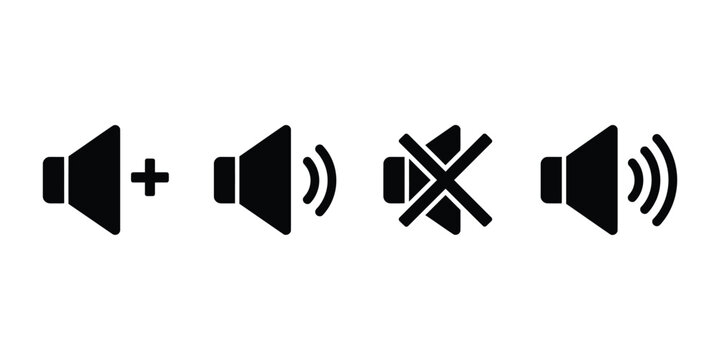 Fototapeta Flat vector speaker icon set with sound on, mute, volume increase and decrease symbols, minimalist design for player, video, app, and UI elements