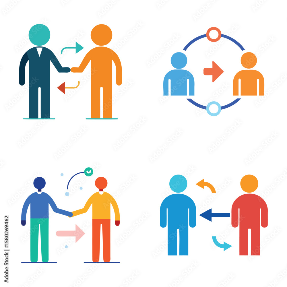 Aufkleber four simple flat icons illustrating different types of human interaction and communication concepts