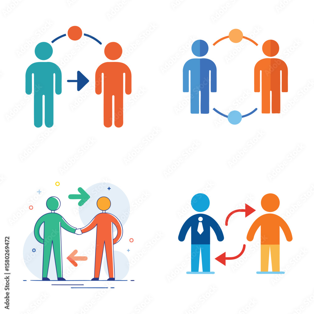 Poster four different flat design icons showing people interacting and exchanging information with arrows