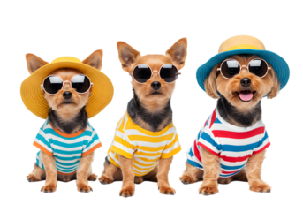 Cute Yorkies with Hat and Sunglasses Posing in Fashionable Striped Shirts